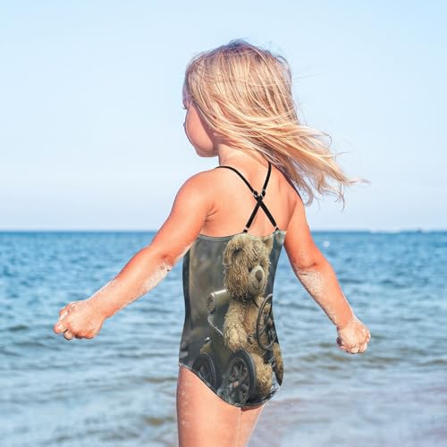 Teddy Bear Driving Car One Piece Swimsuit Girls, Summer Beach Bathing Suit, 3-104
