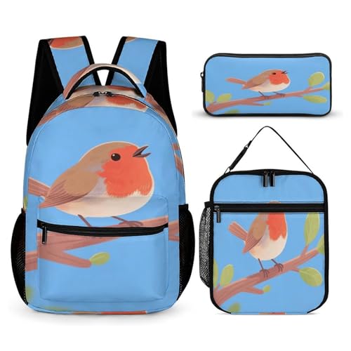 Happy Bird Printed Backpack With Lunch Pack Storage Box Case 3pcs Lightweight Travel Backpack