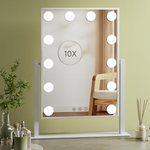 Warmiehomy Makeup Mirror Hollywood with 12 LED Bulbs, 41 * 30CM with 10X Cosmetic Magnifying Mirror, 3 Lighting Modes, USB Power Cord, 360° Rotation Tabletop Lighted Mirror (White)