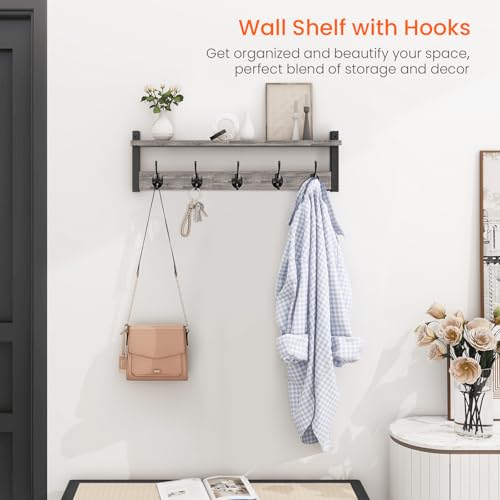 Image of Homode Wall Hooks With Shelf, 24 Inch Coat Rack Wall Mount for Entryway, Clothes, Backpack, Key, Purse - Floating Shelf Hanging in Bathroom, Bedroom, Hallway, Rustic Grey