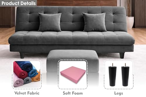 Image of Rosebell Modern Three-Seater Sofa Cum Bed - Foldable Velevt Fabric Sofa, Foam Seating Stylish Design for Living Room, Guest Room & Office - Grey Color