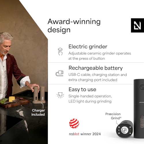 Image of LARS NYSOM Electric Salt and Pepper Grinder Set, USB Rechargeable, Automatic Salt and Pepper Mills, Spice Shakers Refillable with LED Light, Adjustable Coarseness, Ceramic Grinder (Carbon Black)