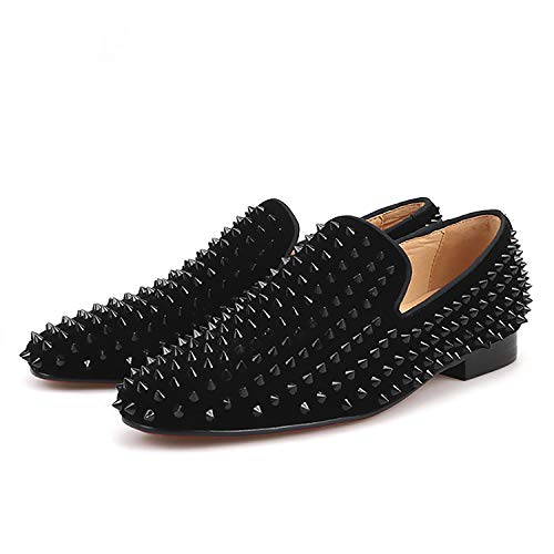 HI&HANN Men Velvet Shoes with Royal Blue Spike Slip-on Dress Loafer Smoking Slipper Male's Flats