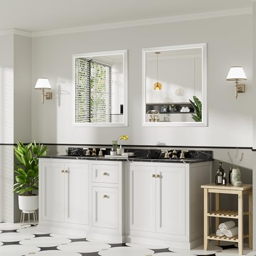 36x32 Inch White Bathroom Mirror for Wall, Thick Metal Framed Rectangle Mirrors for Over Sink, Bedroom, Living Room, Entryway, Anti-Rust, HD Tempered Glass