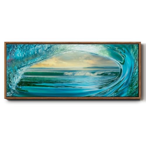 Renditions Gallery Floater Frame Nature Paintings Big Wave' Ocean's Eye Abstract Wall Art Prints for Dining Living Room Decor - 24"x60" Walnut Frame LT619