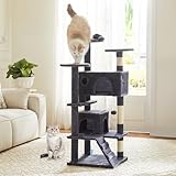 DUMOS 54-inch Indoor Cat Tree Tower –Multi-Level Pet House for Large Cats with 2 Condos, Scratching Posts, Round Platform, Small Ladder, and Toys – Perfect for Cats of All Ages, Dark Grey