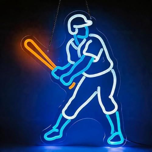 Image of Baseball Player Neon Sign - Dimmable LED Baseball Light & Wall Decor for Boys Bedroom, Man Cave & Party | Gift for Men, Boys & Kids (Classic White, 16.7x13 inch)