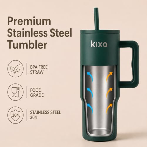 Image of 1200 ML Insulated Tumbler with Lid and Straw, Stainless Steel Tumbler Cup with Handle, Leakproof Mug Cupholder for Office, Gym, Travel 1.2 Litre (Forest Green)