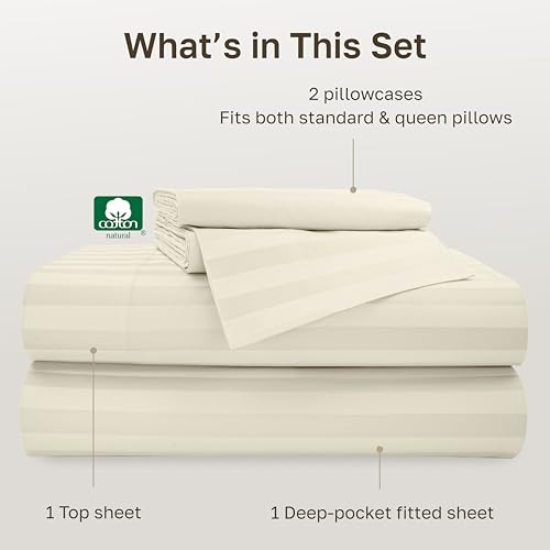 Image of California Design Den 500TC 100% Cotton Full Bed Sheets Set, Ivory Stripe | Good Housekeeping Seal, OEKO-TEX Certified, Silky-Soft Sateen Weave, 4pc Set, 16 inch Deep Pockets, For Hot Sleepers, All-Season