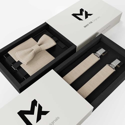 MAY-TIE Herren Leinen Fliege Set | Hochzeitsfliege vegan vorgebunden | Leinenfliege Natur Beige | Optional mit Einstecktuch & Hosenträger | Large Batwing
