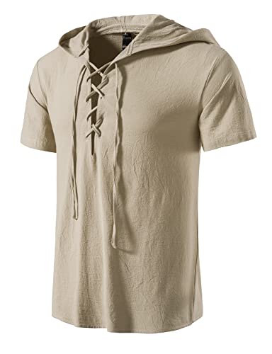 Lucmatton Men's Retro Short Sleeve Hooded Lace Up Medieval Costume Shirts For Halloween Cosplay Viking Pirate Vampire Renaissance Gothic Victorian Clothing Khaki X-Large #TOP26
