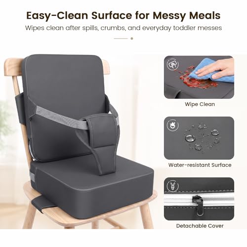Image of Booster Seat for Kitchen Chair, Upgrade Toddler Booster Seat for Table | 3.5 inch High Density Foam Toddler Booster Seat for Dining Table with 2 inch Backrest, Front Safety Buckle, Travel Booster Chair