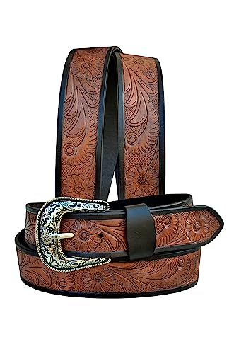 Western Genuine Leather Floral Tooled Casual Jeans Belt For Men and Women 30AB109