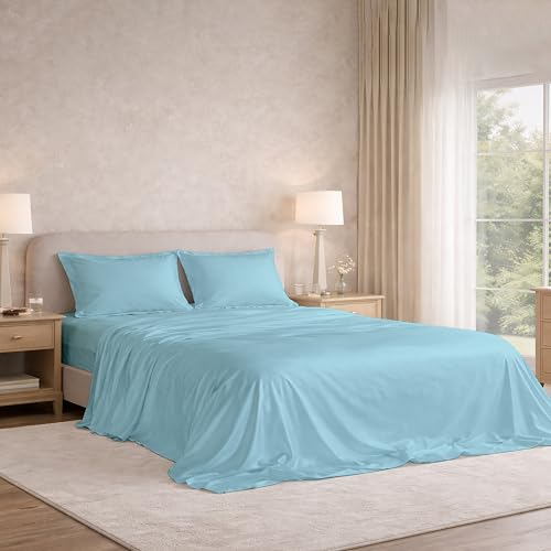 Image of Filbert Satin Bedsheet with 1 Pillow Cover | 60x90 in |300 TC | Midnight Luxe Satin Dreams Collection for Single Bed | UltraSatin Premium Bedding Set | Dreamy Blue