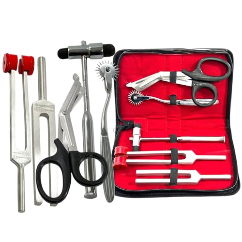 Sensory Diagnostics Examination Kit with Wartenberg Pinwheel, Bandage Shears 7.5in, Buck Reflex Hammer, Tuning Fork C128 with Weights, and Tuning Fork C512 + Storage Pouch