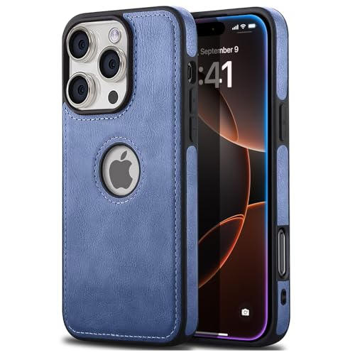 Image of KARWAN️ Genuine Leather Finish iPhone 16 Pro Back Cover Case |Shockproof Design |Raised Edges for Camera & Screen Protection |Super Soft - Touch |Leather Case for iPhone 16 Pro (Blue)