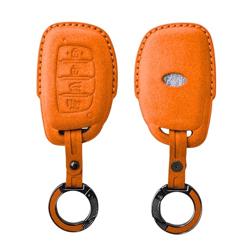 Image of KMH Alcantara Car Key Cover Compatible with Hyundai Alcazar Creta 2022 Venue i20 Tucson Elantra Smart keycover with Keychain 4 Button Shell Case Key Smart Keycover with Keychain (D2) Orange, Pack of 1