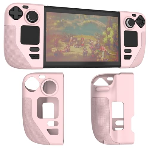 Silicone Protective Shell Cover Skin Compatible with Steam Deck/Steam Deck OLED Non-Slip Texture Handle Case for Steam Deck Anti-Collision Cover with 4 Thumb Caps. (Pink)