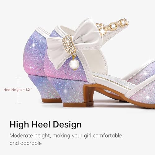 Image of Motasha Sparkly Girls Dress Shoes Kids High Heels Toddler to Big Kid | Glitter Closed Toe, Rhinestone Bow Straps, Hook-and-Loop Closure, Low Heel, Anti-Slip Outsole for Wedding Birthday Parties
