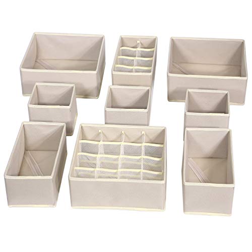 Image of TENABORT 9 Pack Foldable Drawer Organizer Dividers Cloth Storage Box Closet Dresser Organizer Cube Fabric Containers Basket Bins for Underwear Bras Socks Panties Lingeries Nursery Baby Clothes Beige