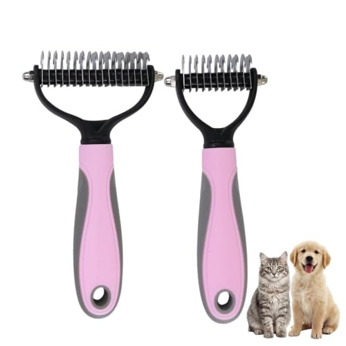 2-Pack Pet Dematting Comb, Undercoat Rake Set for Dogs &amp; Cats - Safe Deshedding Grooming Tools, Large &amp; Small Gentle Mats Tangles Remover Brush for Long Thick Haired Pets (2, blue-mixed) (pink-mixed)