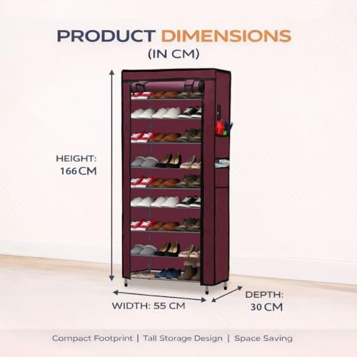 Image of Metal Shoe Stand with Cover, 9 Tier Shoe Organiser for Home & Office - Maroon