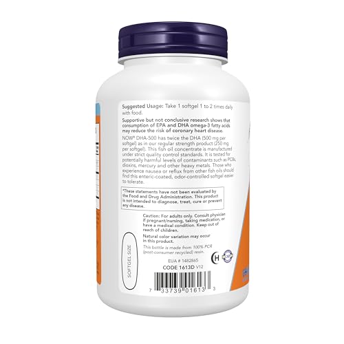 NOW Foods Supplements, DHA-500 with 250 EPA, Molecularly Distilled, Supports Brain Health*, 180 Softgels
