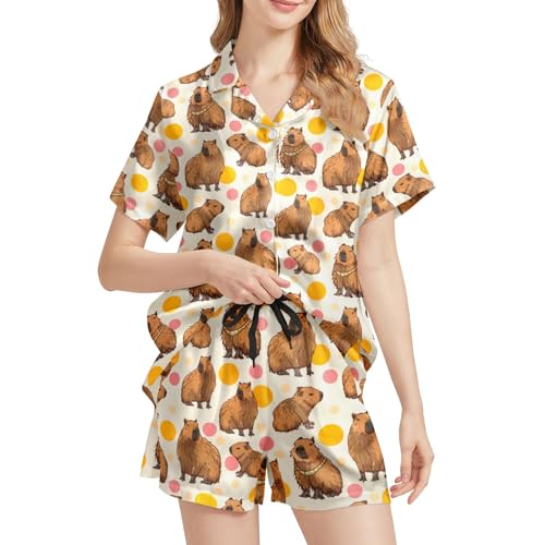Image of Funny Satin Pajamas Set for Women Button Down Sleepwear Print Pjs Set 2 Piece Short Sleeve Loungewear Gift for Women