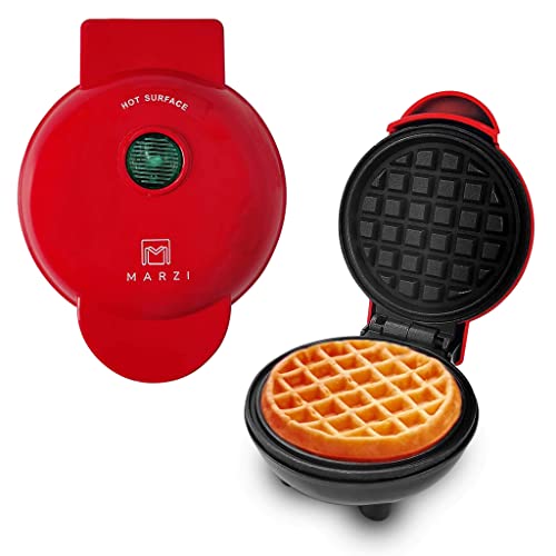 Marzi products Mini Waffle Maker for Individual Waffles, Hash Browns, desserts & Other on the Go Breakfast, Lunch, or Snacks, Perfect for keto lovers | Easy to Clean, Non-Stick Plates, Red