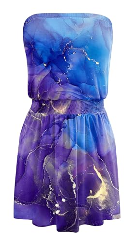 Image of SAUKOLE Summer Dresses for Women Bandeau Strapless Smocked Elastic Waist Sundress Tube Mini Dress with Pockets
