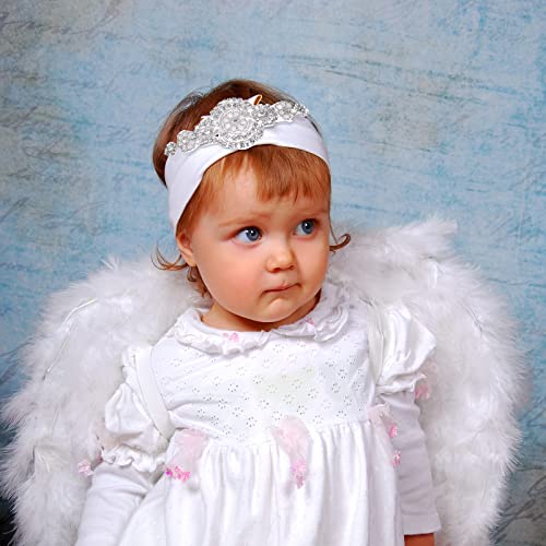 6 Pcs White Baptism Headband for Baby Girls Toddlers Elastic White Baby Headbands Chiffon Flower Crystal Lace Floral Christening Hairband Gifts for Birthday Baby Shower Party 7