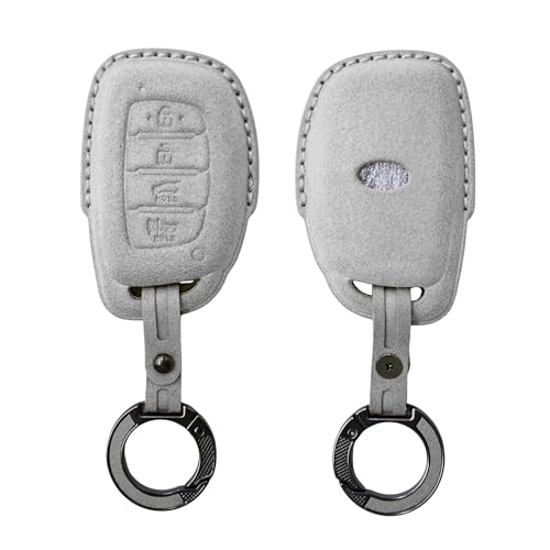 Image of KMH Alcantara Car Key Cover Compatible with Hyundai Alcazar Creta 2022 Venue i20 Tucson Elantra Smart keycover with Keychain 4 Button Shell Case Key Smart Keycover with Keychain (D2) Grey - Pack of 1