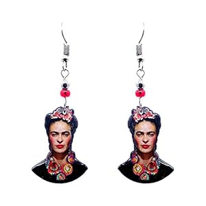 Frida Inspired Face Mexican Artist Graphic Dangle Earrings – Womens Fashion Handmade Jewelry Boho Accessories