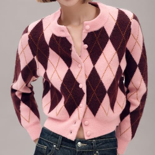 KEOMUD Women's Fall Vintage Argyle Cardigan Sweater Long Sleeve Button Down Soft Knit Sweaters for Outwear3