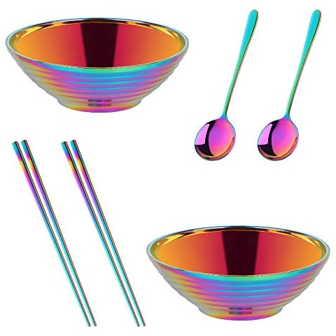 Buy THINGS！ Ramen Noodle Soup Bowl,2 Sets Double Layer 18/8 Stainless Steel Bowl(7.09 inch), with Matching Spoon and Chopsticks （Rainbow） Cover