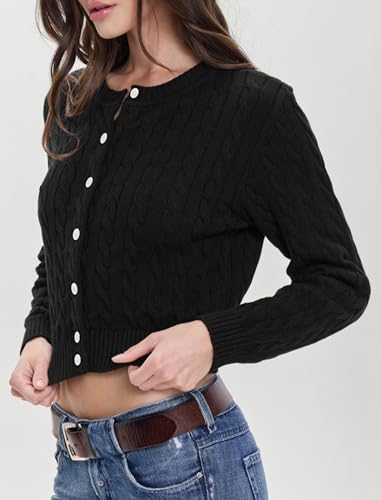 Balimtoy Women Cable Knit Cardigan Cropped Long Sleeve Crew Neck Button Down Sweater Cardigans Cute Y2k Fall Jackets2