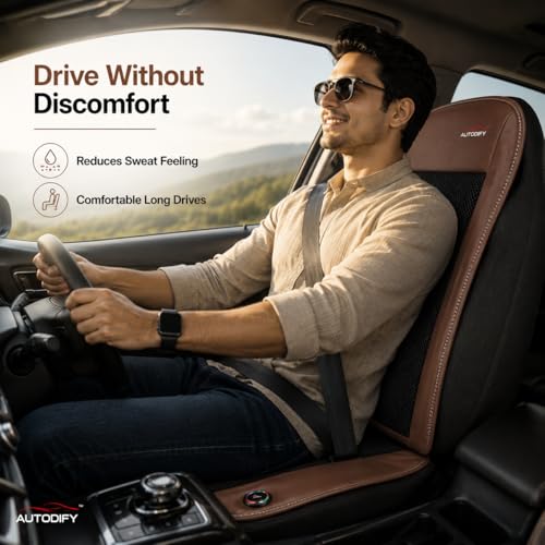 Image of Car Ventilated Cooling Seat Cushion Cover with 10 Powerful Fans & 3 Adjustable Cooling Levels, Breathable Fabric + Brown Leather Universal Fit for All Cars, Large Airflow
