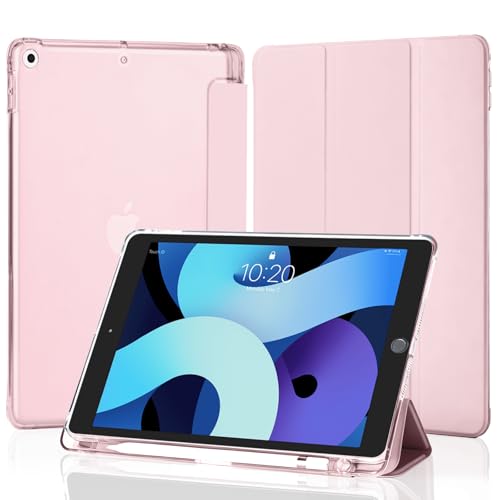 4UBonLife Cover Per iPad 9a/8a/7a Generazione 10,2 Pollici 2021/2020/2019 con Portapenna, Custodia Protettiva Sottile con Retro Rigido Traslucido Guscio Case per iPad 7/8/9, Rosa