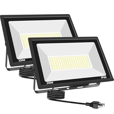 2 Pack 250W LED Flood Lights Outdoor, Super Bright Exterior Security Light with Plug, IP66 Waterproof Flood Light, 30000LM 6500K Daylight White Floodlight for Yard, Garden, Basketball Court, Arena