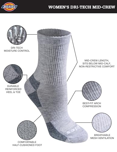 Image of Dickies Women's Dri-tech Advanced Moisture Wicking Mid-crew Socks, Available in M-l (6, 12 Pairs)