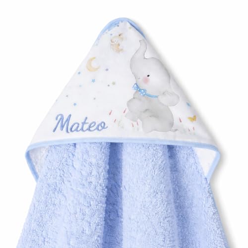 Capa de Baño para Bebe Personalizada 0 a 3 Años Toalla Recien Nacido 100% Algodon con Capucha Personalizada Comoda Suave para Cuidado de la Piel para Piscina + Regalo Baby Shower Niña/o Elefante Azul