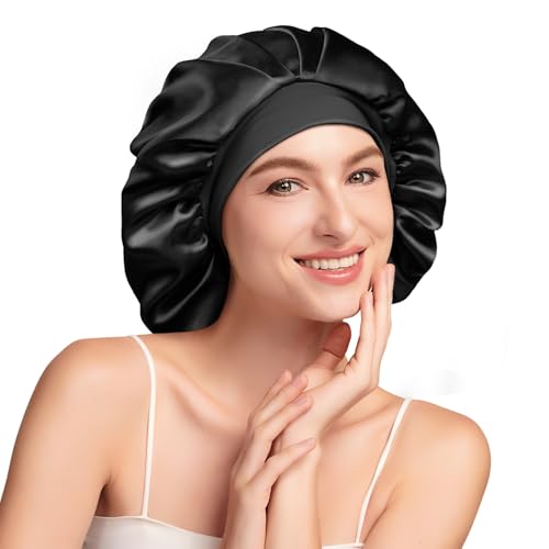 Umisleep Bonnet Soie Cheveux Nuit avec Doublure Soie de mûrier 22 Momme – Double Couche, Grande Taille pour Cheveux Longs ou bouclés, Bande Large...