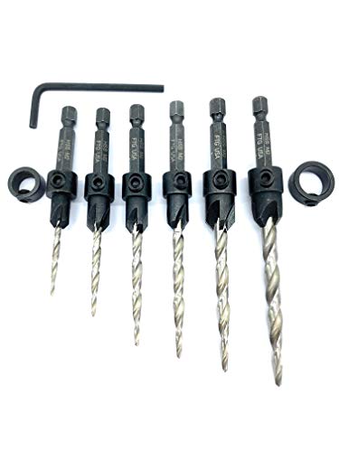 Ftg Usa Wood Countersink Drill Bit Set 6 Sizes Set Countersink Hss M2 Tapered Drill Bits, Quick Change Hex Shank Countersink Bit, 2 Stop Collar, 1 Allen Wrench, Bits Secured With Pin #TOP7