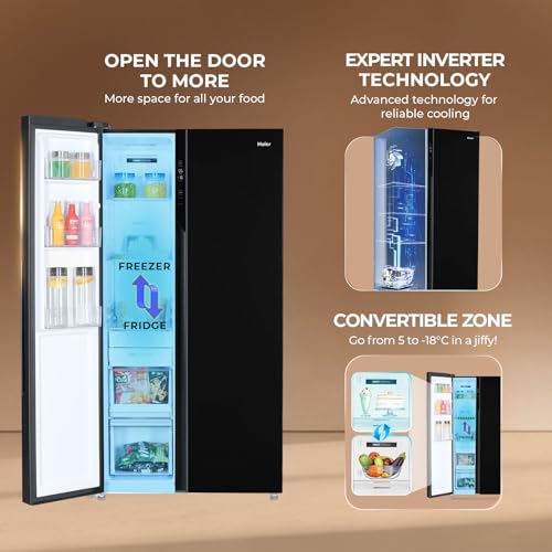 Image of Haier 602L 3Star 2 Door Side by Side Frost Free Refrigerator|100% Convertible|Expert Inverter Technology|Digital Display Panel|Triple Twist Ice Maker|Deo Fresh Technology (HRS-682KS, Black Steel)