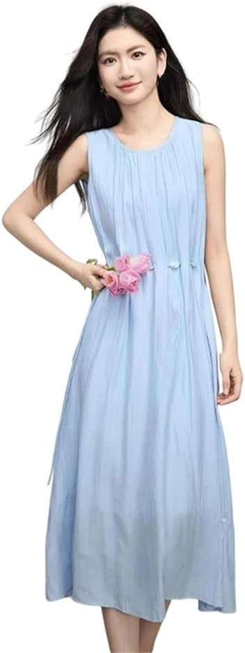 Women Beaded Waist-Cinching Dress Round Neck Long A-Line Gown Casual Beaded Decor Dress