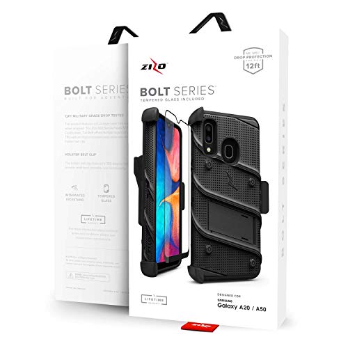 ZIZO Bolt Series for Samsung Galaxy A20 Case | Heavy-Duty Military-Grade Drop Protection w/Kickstand Included Belt Clip Holster Tempered Glass Lanyard Galaxy A50 - Black