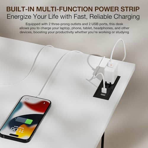 Image of TEMI Long Computer Desk Folding Table - No Assembly, Compact 55.1 inch Foldable Desk with Power Outlets & USB Charging Port, Portable Lagre Office Desk, Ideal Large Study Table for Narrow Spaces,White Ash