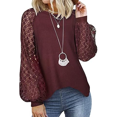 Tuopuda Camiseta Manga Larga Encaje Casual Sueltas Blusas Tops Cover