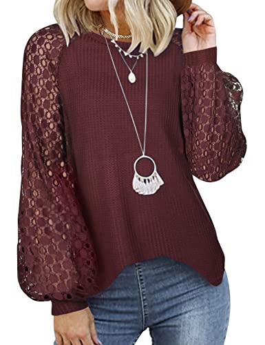 Tuopuda Camisetas de Manga Larga para Mujeres Camiseta de Encaje Waffle de Cuello Redondo Casual Sueltas Blusas Tops(Vino,XXL)