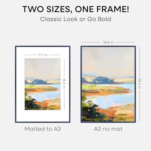Image of Homeforia A2 Blue Picture Frame, High-End Metal, A3 Mat, Glass | High End Aluminum, Tempered Glass, Acid-Free A3 Removable Mat, A2 Edge-to-Edge Display, Wall Kit, Set Of 2
